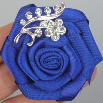 Dirbtinis Satino Gėlių Jaunikis Corsage Royal Blue Flower Kristalų Papuošalai Nuotaka Vestuvių Corsage Pin Sagės Žmogui Tiktų XH0038-2