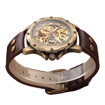 SHENHUA Vyrų Laikrodis Antikvariniai Bronzos Atveju Laikrodį Steampunk Skeletas Vyrų Mechaninė Žiūrėti Oda Juosta Relogio Masculino