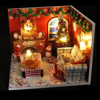 Medinių Lėlių Baldų Komplektai, LED Šviesos Miniatiūriniai Kalėdų Kambarį 
