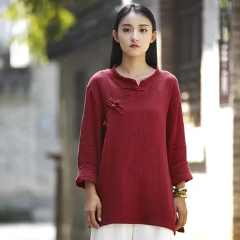 Kinų stiliaus Medvilnės ilgomis rankovėmis Moterų Palaidinė Marškinėliai Rudenį Tvirtą Raudona Balta Atsitiktinis Palaidinė Derliaus Originalaus dizaino Marškinėliai Topai B140