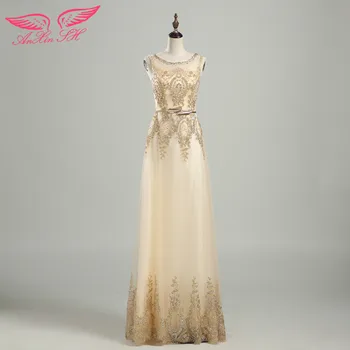 AnXin SH aukso nėrinių vakarinę suknelę naujo stiliaus pokylių, ilgai princesė golden flower nuotaka vakaro suknelė, trumpas įmonės suknelė