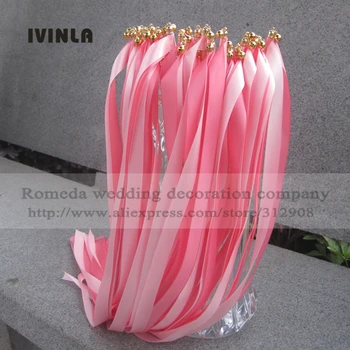 Naujausias 50pcs/daug Pink & Šviesiai Rožinė vestuvių juostelės lazdos su aukso varpas, vestuvių dekoravimas