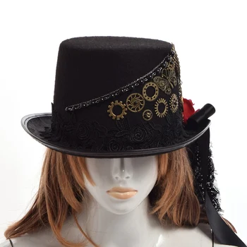 Moterų Gothic Lolita Cosplay Raudona Rožė, Pavarų Grandinės, Juoda Viktorijos Steampunk Top Hat