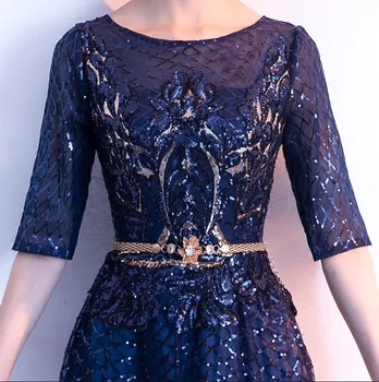 Chalatas De Soiree Tamsiai Mėlyna Ilgą Vakarinę Suknelę 2018-Line Blizgančiais Elegantiškas Vakare Chalatai Pusė Rankovių Suknelės, Šaliai