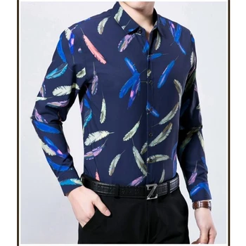 Spalvotų plunksnų spausdinimo mados boutique ilgomis rankovėmis marškinėliai Pavasarį ir Rudenį 2017 Naujas mercerized medvilnės kokybę vyrų marškinėliai, M-XXXL
