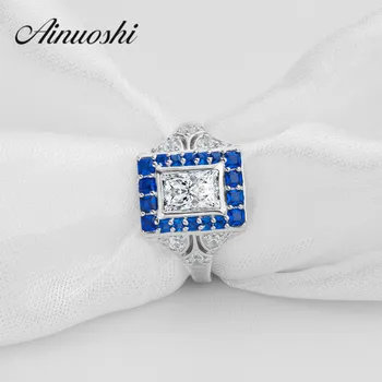 AINOUSHI Blue Stone Halo Žiedas 925 Sterlingas Sidabro Moterų Aikštėje Vestuviniai Žiedai Imituojamas Bague Moterų Mėgėjams Vestuvinis Žiedas