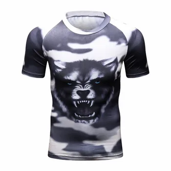 Raumenų Vyrų Suspaudimo Stora T-marškinėliai trumpomis Rankovėmis, 3D Leopardas Spaudiniai MMA Sporto Bazės Sluoksnis Svorio Kėlimo Dėvėti