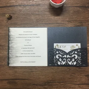 50sets Lazerio pjovimo juodas elegantiškas kvietimas kortelės spausdinimas su kišenėje elegantiškas rankų darbo vestuvių kvietimai su apgaubti