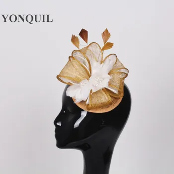 Pavasario fascinator plaukų aksesuarai sinamay bazė su plunksna gėlių vestuvių skrybėlę nuotakos galvos apdangalai kokteilis skrybėlės šalies headpieces