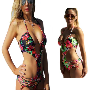 ZPDWT 2017 Naujas vientisi maudymosi kostiumėlį Moteris Push Up maudymosi Kostiumėliai, Gėlių Maudymosi Kostiumą Tvarstis Monokini Thong Trikini Vasaros Paplūdimio