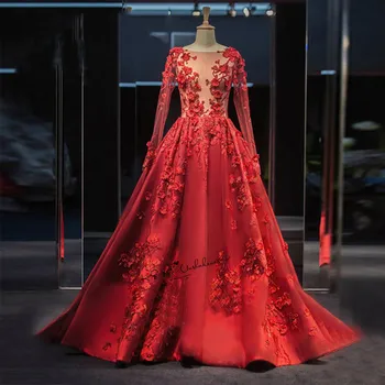 Raudona Long Sleeve Lace Oficialų Vakare Chalatai 3D Gėlės Satino Matyti Per Elegantiška Prom Dresses 2018 Chalatas de Soiree ypatinga Proga