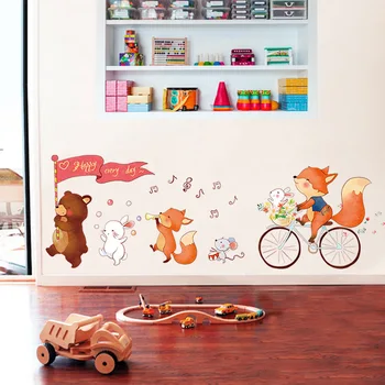 Mielas animacinių filmų gyvūnų, Lokys, Lapė sienų lipdukai vaiko kambario sienos, dekoratyvinės sienų lipdukai dekoruoti sienas darželyje plakatai