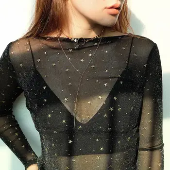 2018 Naujas Prekės ženklas Mados Moterų Ilgarankoviai Seksualus permatomas Blizga Žvaigždės China Vien Slim Top Marškinėliai
