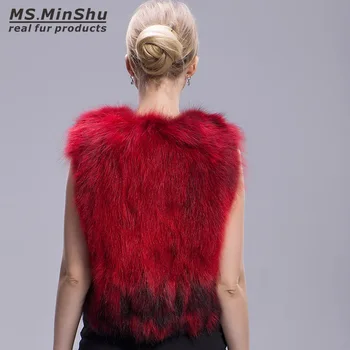 Ponia MinShu Nekilnojamojo Usūrinių Kailio Liemenė be Rankovių su Kišenėje Žiemą Lapės Kailio Liemenė Moterims Kailio Striukė Trumpas Outwear Fox Fur Coat Raudona