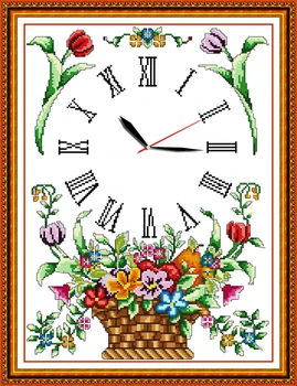 Gėlių krepšelis laikrodis dekoras, paveikslai skaičiuojami atspausdinta ant drobės DMC 14CT 11CT Kinijos Kryželiu Siuvinėti Rinkiniais, Siuvinėjimo rinkiniai
