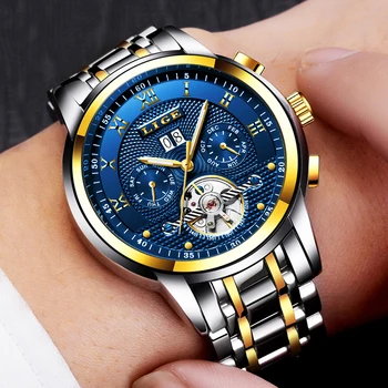 LIGE 2017 naujas vyrų watch top brand prabangių Verslo Automatinė Mašinų vyriški Laikrodžiai visiškai plieno, atsparus vandeniui žmogus laikrodis+watchs dėžutę