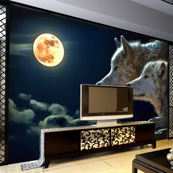 Didelis Custom 3D Tapetai, Freskos Pagal mėnulio šviesa Vilkas Sienų Dekoras Popieriaus Gyvenamasis Kambarys Sofos, Miegamojo, TV Foną, Foto Tapetai