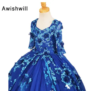 Fotografija 2018 Merginos Inscenizacija Suknelės Su Puse Rankovėmis Mėlyna Kamuolys Suknelė Appliques Tiulio Gėlių Mergaičių Suknelės Mergaitės
