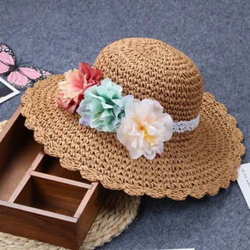 Nauja vasaros vaikų šiaudų skrybėlę vasarą didelių bžūp gėlių šiaudų skrybėlę vaikų atspalvį paplūdimio bžūp banga pusėje 2mz41
