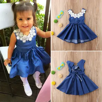 2018 naujas saldus vasaros Žavinga Kūdikis Vaikams, Kūdikių Mergaitės Nėrinių Gėlių Džinsinio Princesė Šalis Suknelė Sundress mielas vaikas mėlynos suknelės
