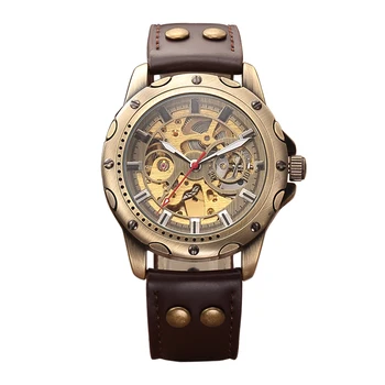 SHENHUA Vyrų Laikrodis Antikvariniai Bronzos Atveju Laikrodį Steampunk Skeletas Vyrų Mechaninė Žiūrėti Oda Juosta Relogio Masculino