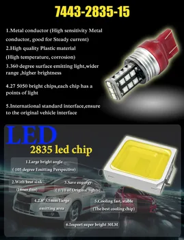 AutoEC 2x 7443 T20 15 LED 2835 SMD W21/5W automobilių galinis žibintas stop lemputės auto stabdžių žibintai galinio rūko žibintai raudona balta geltona #LD24