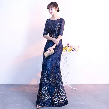Chalatas De Soiree Tamsiai Mėlyna Ilgą Vakarinę Suknelę 2018-Line Blizgančiais Elegantiškas Vakare Chalatai Pusė Rankovių Suknelės, Šaliai