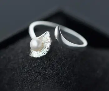 PANELE, tikrai. 925 Sterling Silver lEAF Jingko su baltos spalvos gėlavandenių perlų Žiedas papuošalai reguliuojamas GTLJ1114