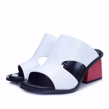 2018 Naujus natūralios odos aikštėje peep toe paslysti ant mados mulų moterų sandalai raudonos spalvos aukštakulnius maišyti spalvas vasaros priežastinis batai L23