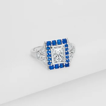 AINOUSHI Blue Stone Halo Žiedas 925 Sterlingas Sidabro Moterų Aikštėje Vestuviniai Žiedai Imituojamas Bague Moterų Mėgėjams Vestuvinis Žiedas