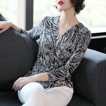 Rudenį Šilko Marškiniai, Moterų Ilgas Rankovėmis Surplice Elegantiškas Plonas Šilko Marškinėliai Spausdinimas V