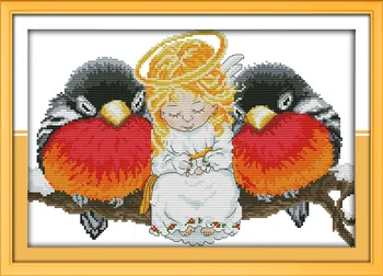 Little Angel ir paukščių Atspausdinta Drobė DMC Skaičiuojami Kryželiu Rinkiniai spausdinti kryželiu Siuvinėjimo rinkinys Rankdarbiams