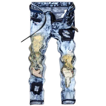 Vyrų mados Slim Splash skyle tiesiai džinsai, Ilgos kelnės Hip-Hop kelnės šviesiai mėlynos kratinys spausdinti kankina denim džinsai kelnės