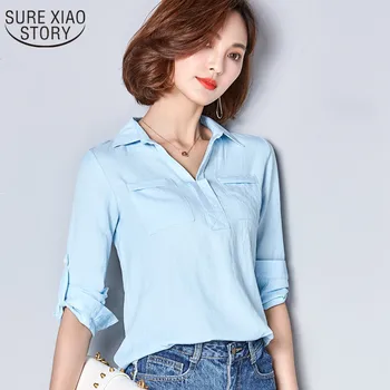 Iki 2017 m. Pavasario naują atvykimo office lady dėvėti paprastas laukinių medvilnės ir lino marškinėliai mėlynos spalvos marškinėliai topai moterų palaidinė 78i 30