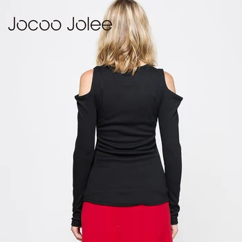 Jocoo Jolee Criss Cross užrišti Moterų Sexy Briaunoti T Marškinėliai Seksuali Giliai V-kaklo marškinėliai su nuo Peties Nėriniai Apkarpyti moterims