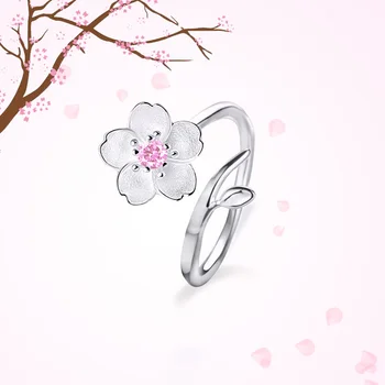 925 Sterling Silver Pink Vyšnių Žiedų Gėlių Žiedai Romantiška Sakura Jubiliejų Dovana Gražių Moterų Mados, Aukštos Kokybės