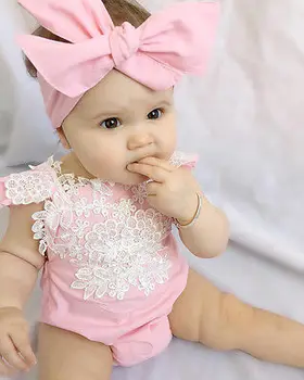 2 VNT Naujagimiui Kūdikių Mergaičių rankovių Rompers Nėrinių Gėlių Jumpsuit Playsuit Komplektus Sunsuit